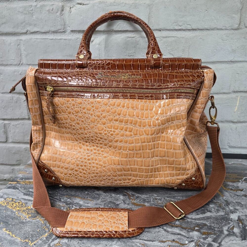 Samantha Brown Croco Embossed Travel Dowel Bag Camel Brown Carry On Satchel